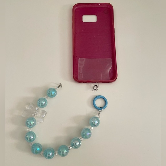 Large Blue Beaded with Clear Bow Charm Phone Accessory Wristlet with Phone Tab - Picture 13 of 15